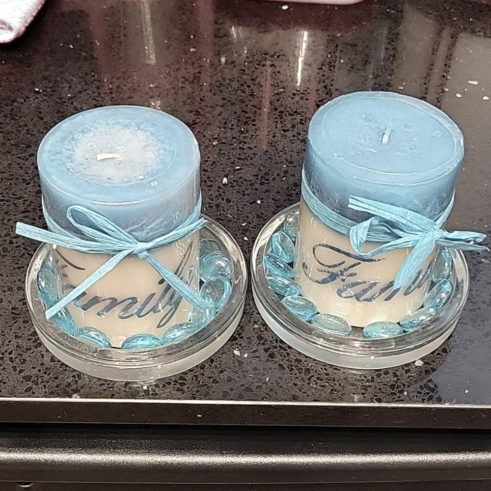 Two *Family* Printed Candles that will include glass beads & Tray.. NWT